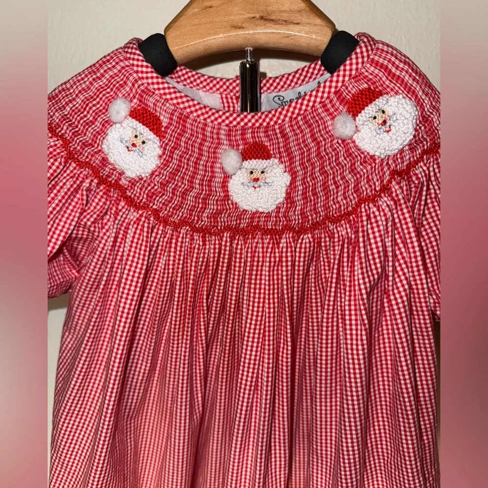 Smockingbird gingham smocked bishop dress with Santa faces, sir 24 mos - Picture 3 of 5